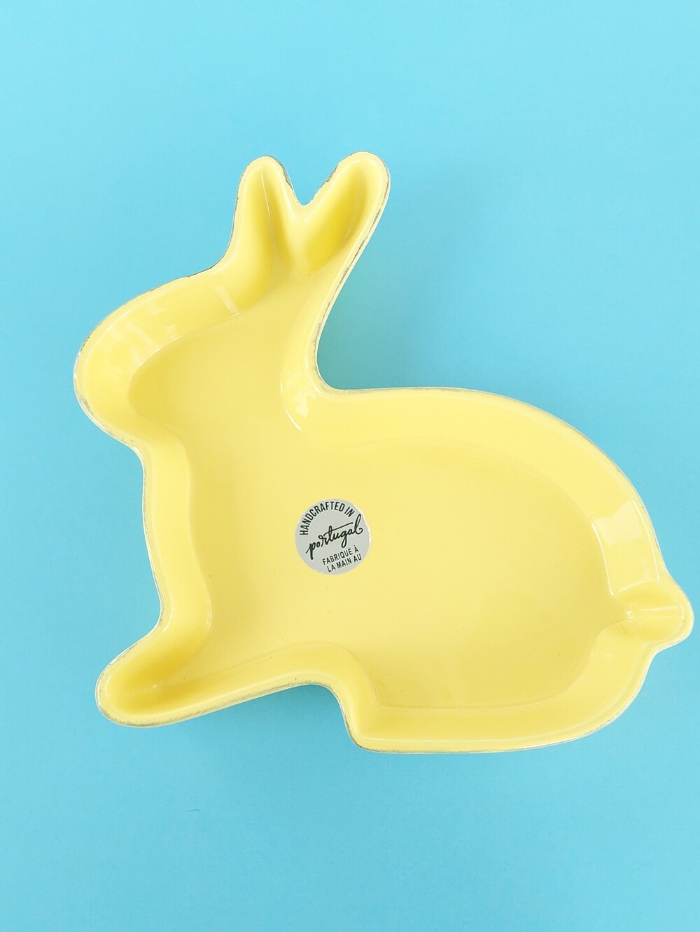 Handcrafted Portugal Ceramic Yellow Bunny Dish Easter Rabbit Trinket Tray
